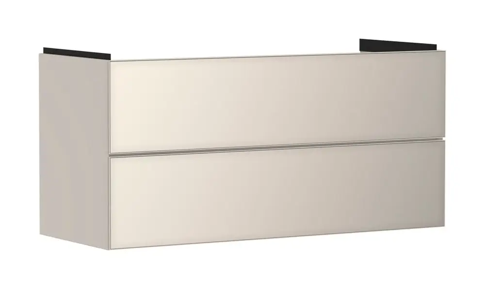 Waschtischunterschrank in sandbeige mit zwei Schubkästen. Oberkante in Schwarz. Produkt von Hansgrohe, geeignet für Waschtische.